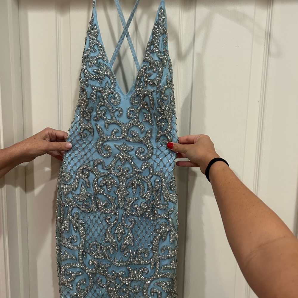 Primavera Couture Sky Blue Backless Dress with Silver Embellishments